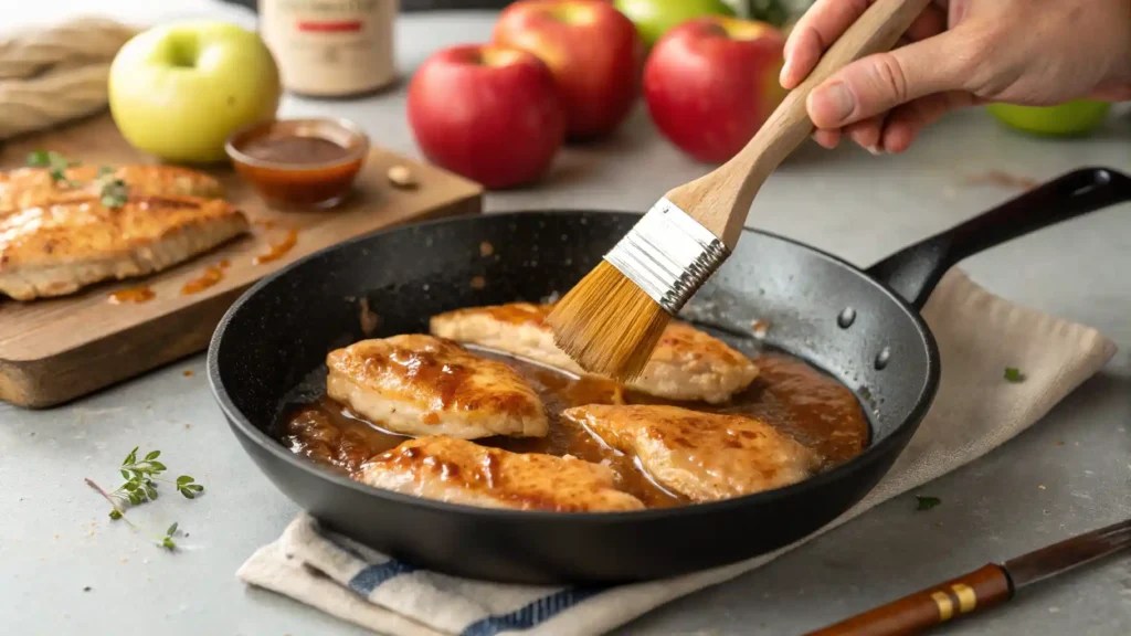 Chicken tenders being glazed in a skillet.