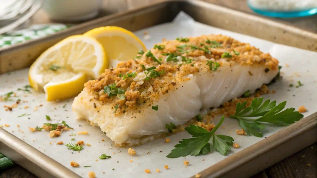 Baked cod with breadcrumbs, lemon wedge, and fresh parsley