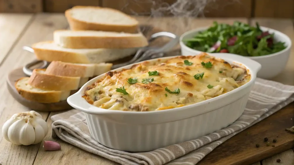 Golden Brown Chicken Tetrazzini Casserole With Cheese Topping