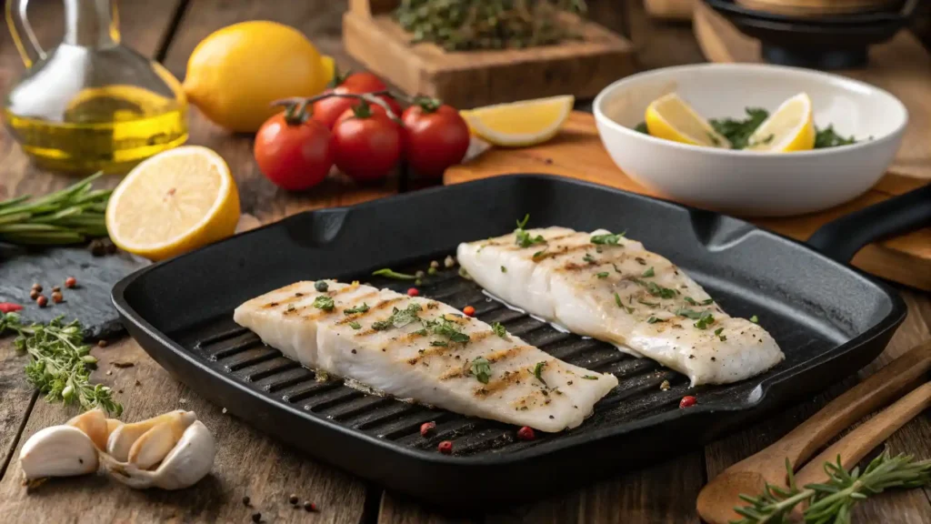 Grilled white fish fillets with herbs and lemon