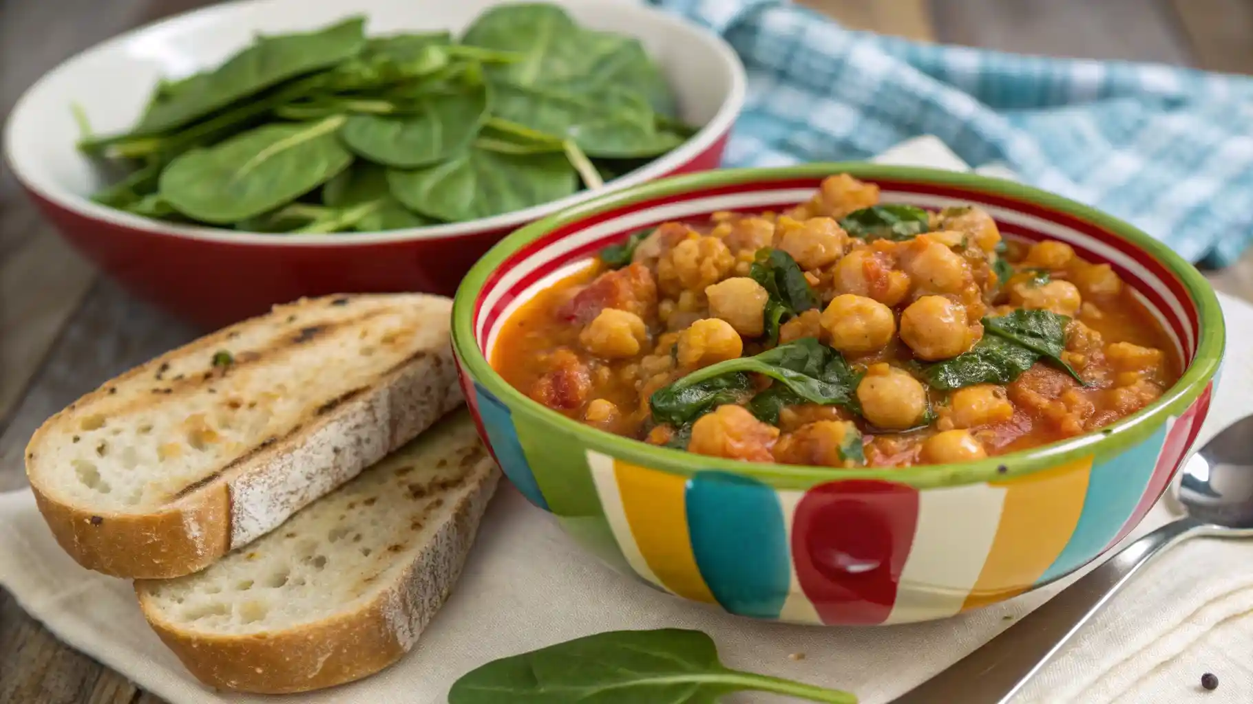 Healthy Bowl Of Marry Me Chickpea With Spinach And Crusty Bread