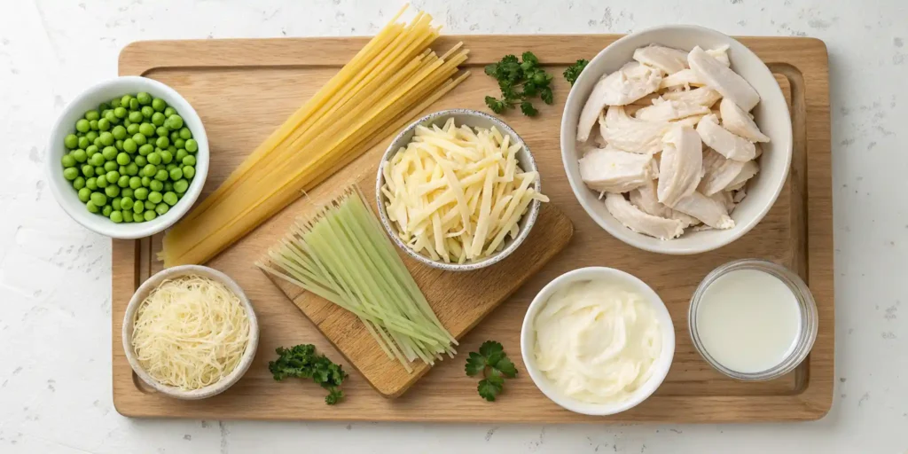 Ingredients For Chicken Tetrazzini Neatly Arranged On A Cutting Board