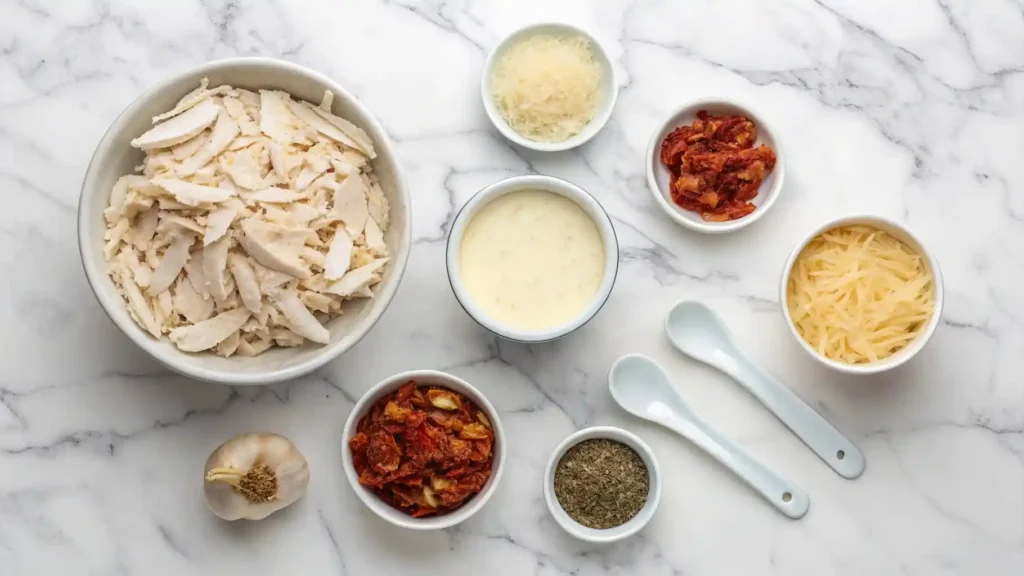 Ingredients for Marry Me Chicken Soup on a marble countertop