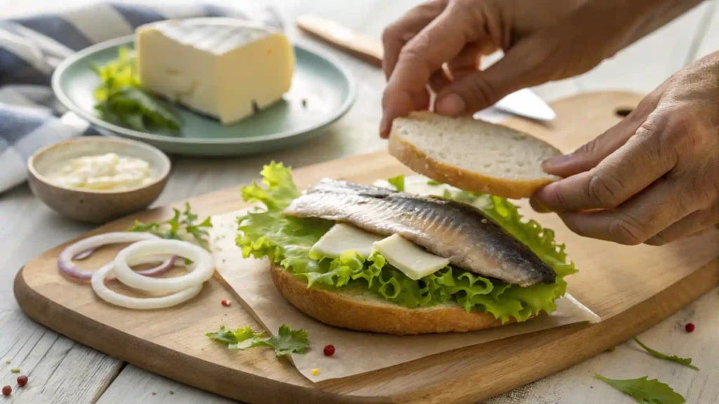 Hands assembling a Matjesbrötchen sandwich with fresh herring, buttered bread, lettuce, and onions.