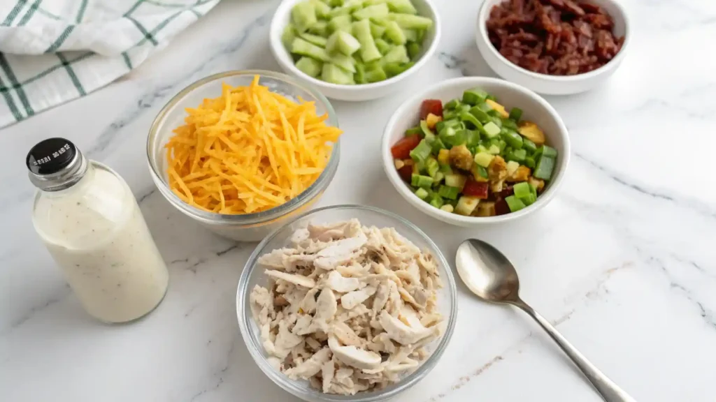 Ingredients for making Sassy Scotty chicken salad, including shredded chicken, celery, bacon bits, and cheddar cheese.