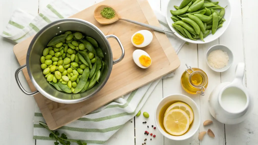 Ingredients for edamame egg salad being prepared