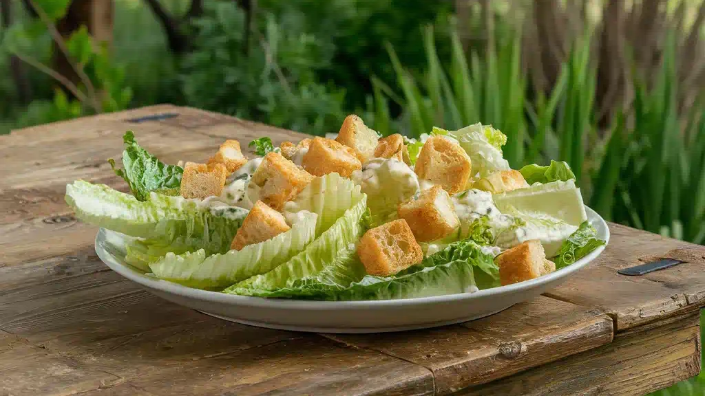 A classic Caesar salad with fresh romaine lettuce, golden croutons, and creamy dressing served on a rustic wooden table.