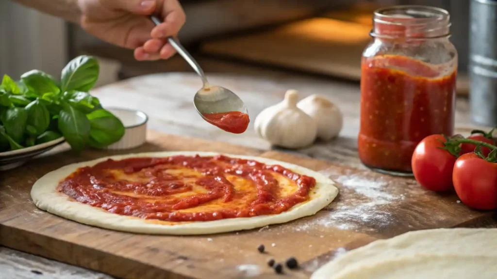 Spreading tomato sauce over pizza crust with fresh basil and tomato paste.