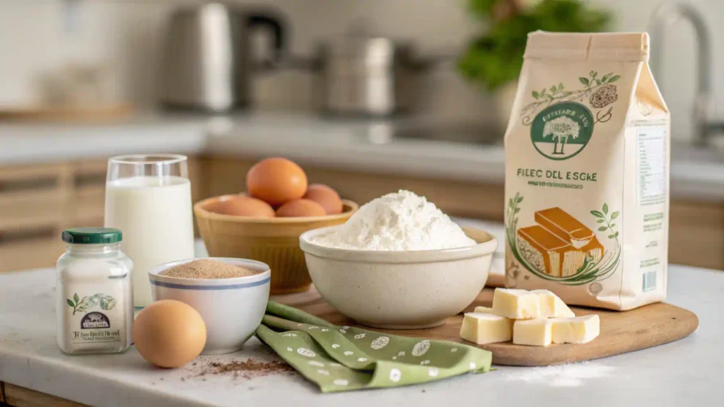 Ingredients for kefir sheet cake displayed on a kitchen counter, ready to be mixed.