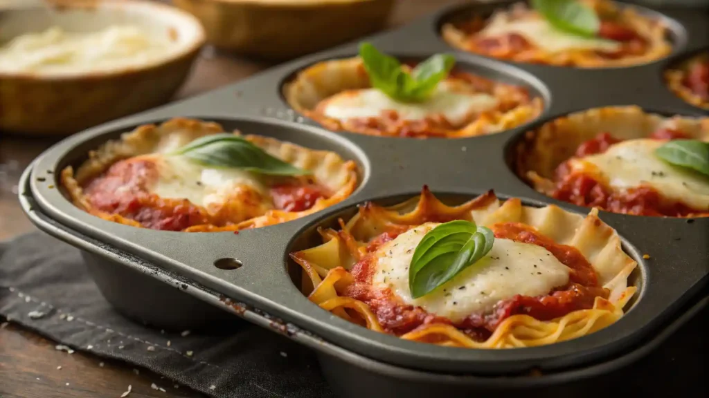 Lasagna Cups In A Muffin Tin Garnished With Basil