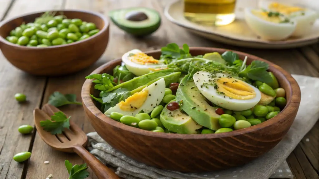 Fresh edamame egg salad with avocado and lemon dressing