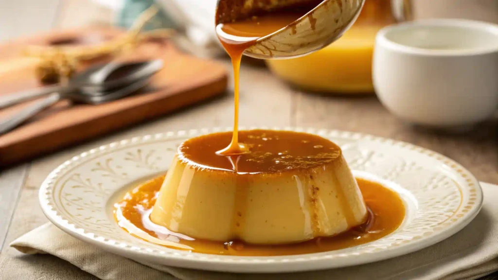 Pouring caramel into a flan dish for coconut flan.