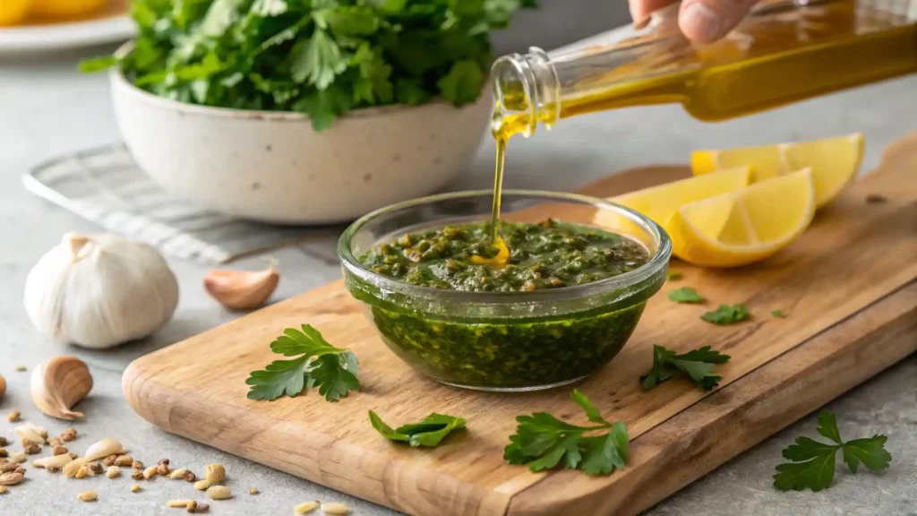 Freshly Prepared Chimichurri Sauce with Herbs and Garlic