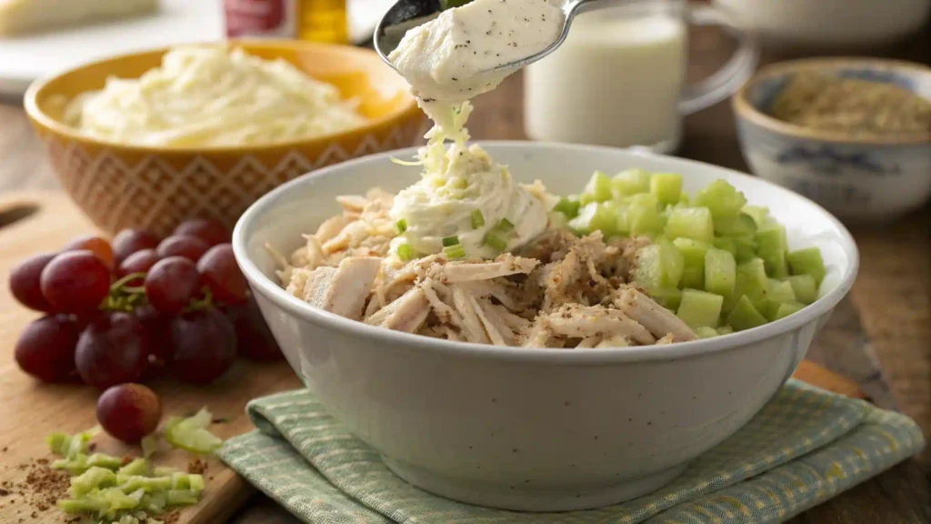 Mixing ingredients for a Fancy Nancy chicken salad recipe.