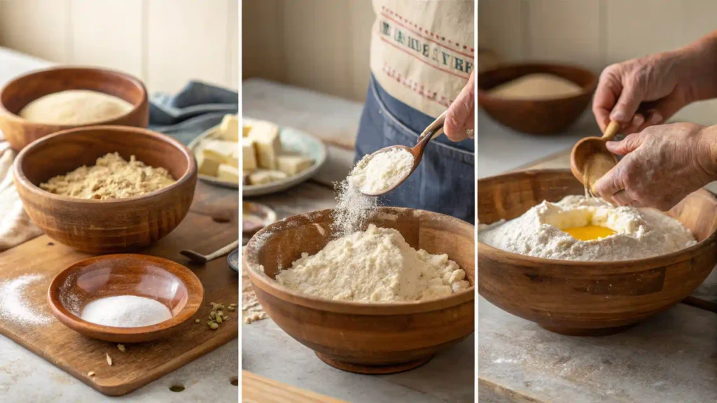 Ingredients for soda bread, including flour, baking soda, and buttermilk, being mixed by hand.