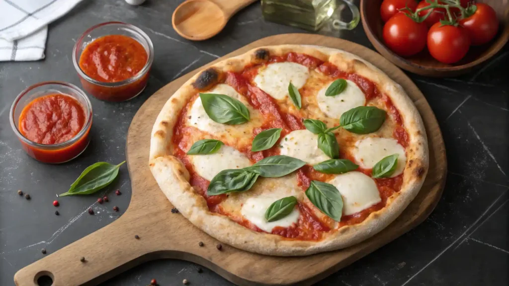 Freshly baked Margherita pizza with tomato sauce and basil.