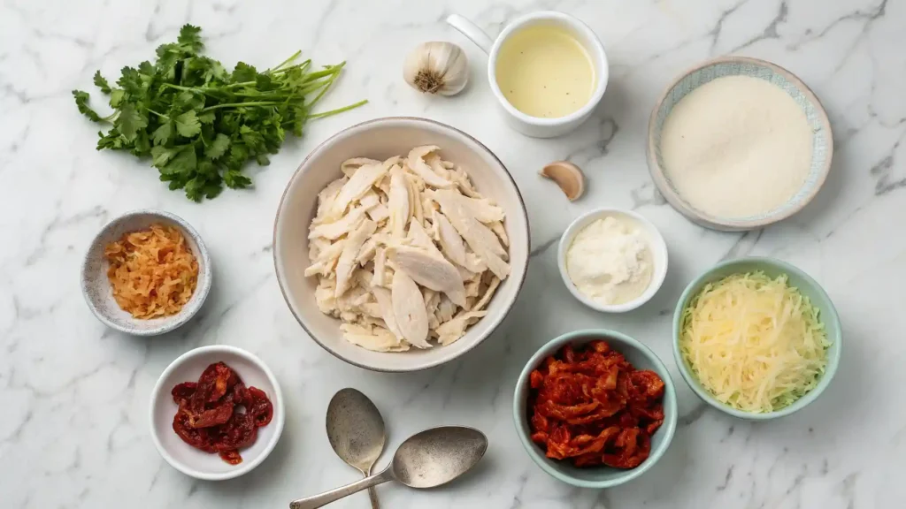 Ingredients for Marry Me Chicken crock pot recipe arranged on a kitchen counter.