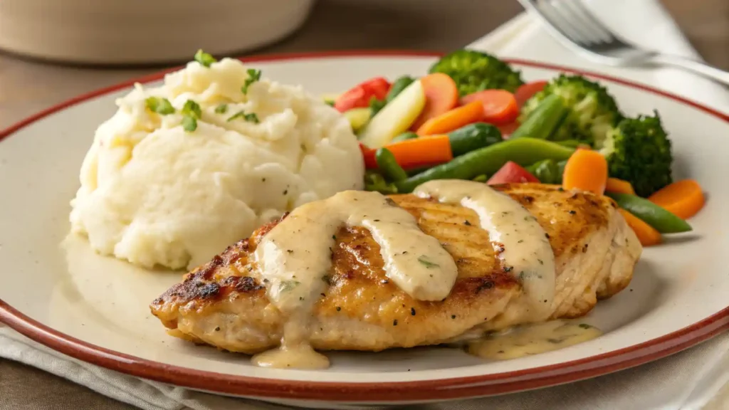 Marry Me Chicken served with mashed potatoes and vegetables on a plate.