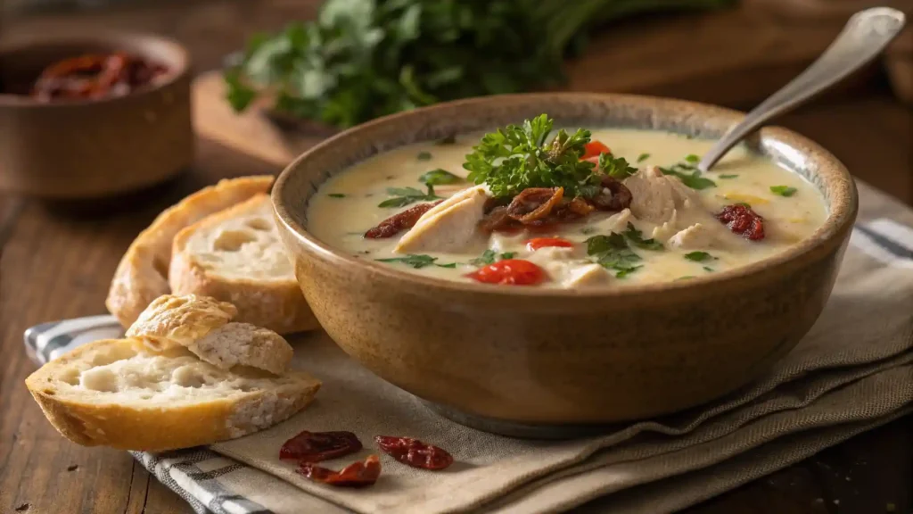 Creamy chicken soup garnished with parsley and served with bread.