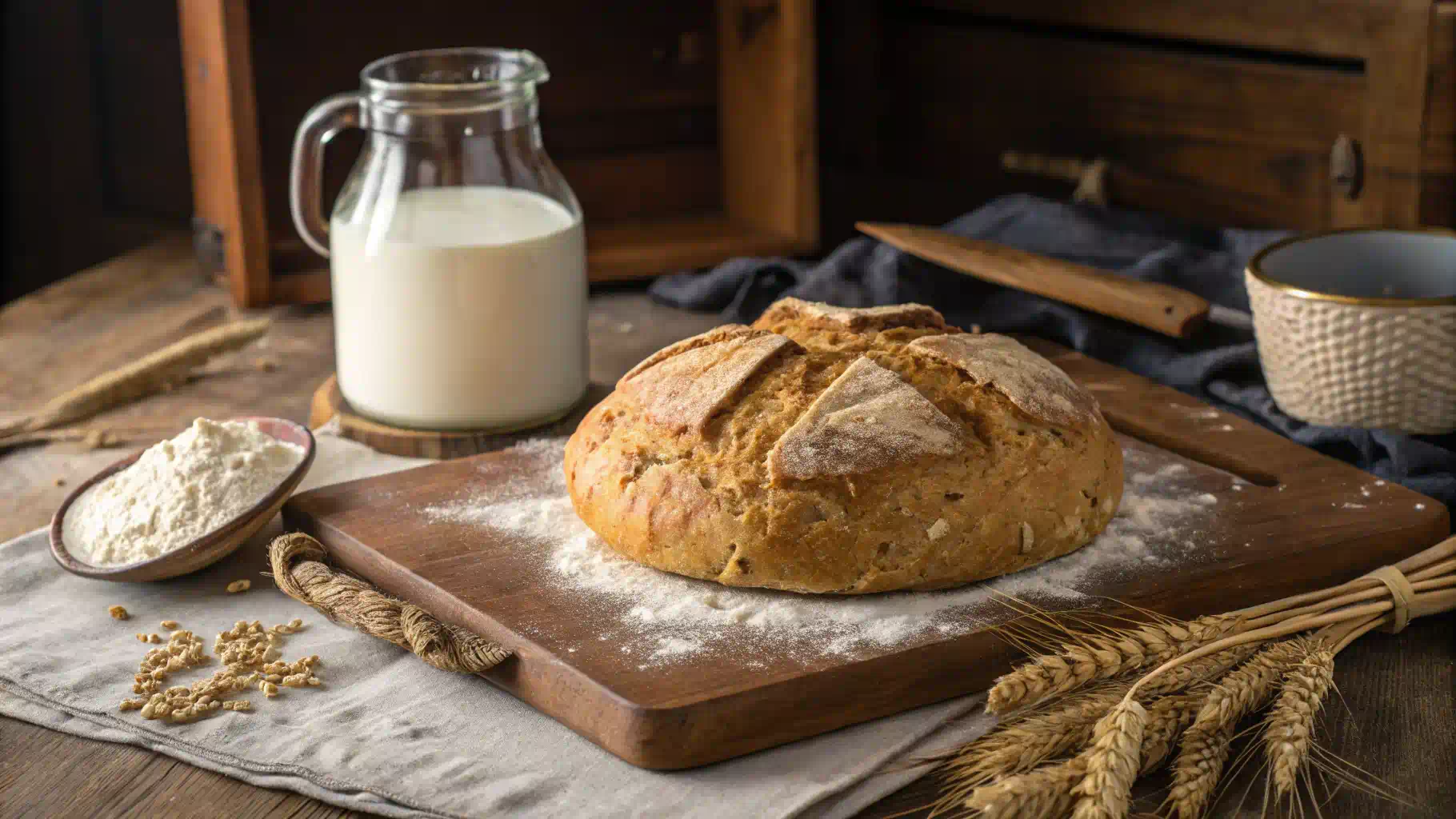 Rustic loaf of Mary Berry’s soda bread on a wooden board.