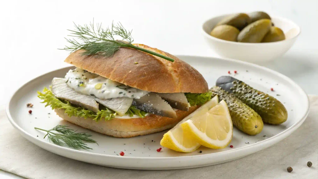 A completed Matjesbrötchen sandwich served on a white plate with lemon wedges and fresh dill.