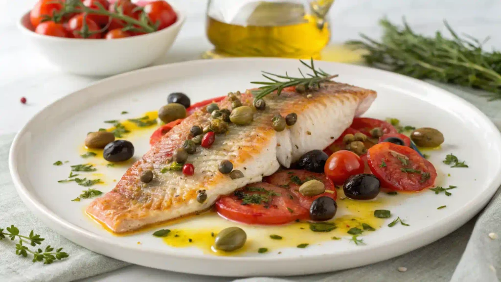 Mediterranean baked red snapper with olives and tomatoes.