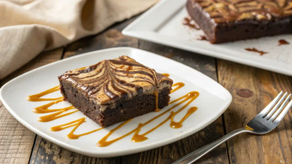 Mocha swirl brownie with caramel drizzle.