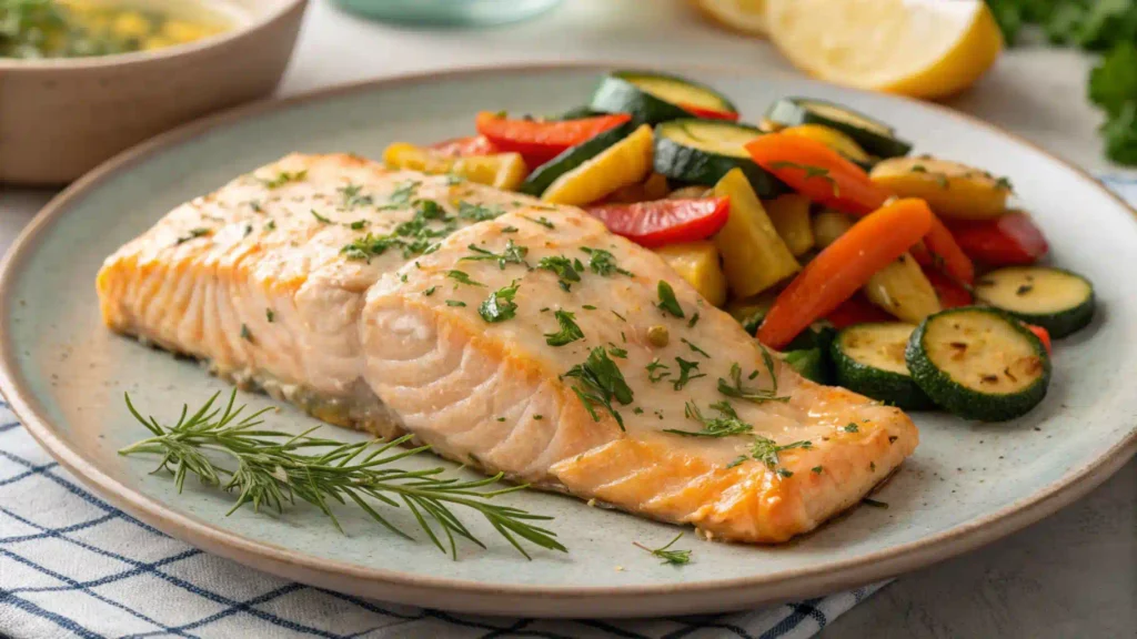 Oven-baked salmon fillet served with roasted vegetables