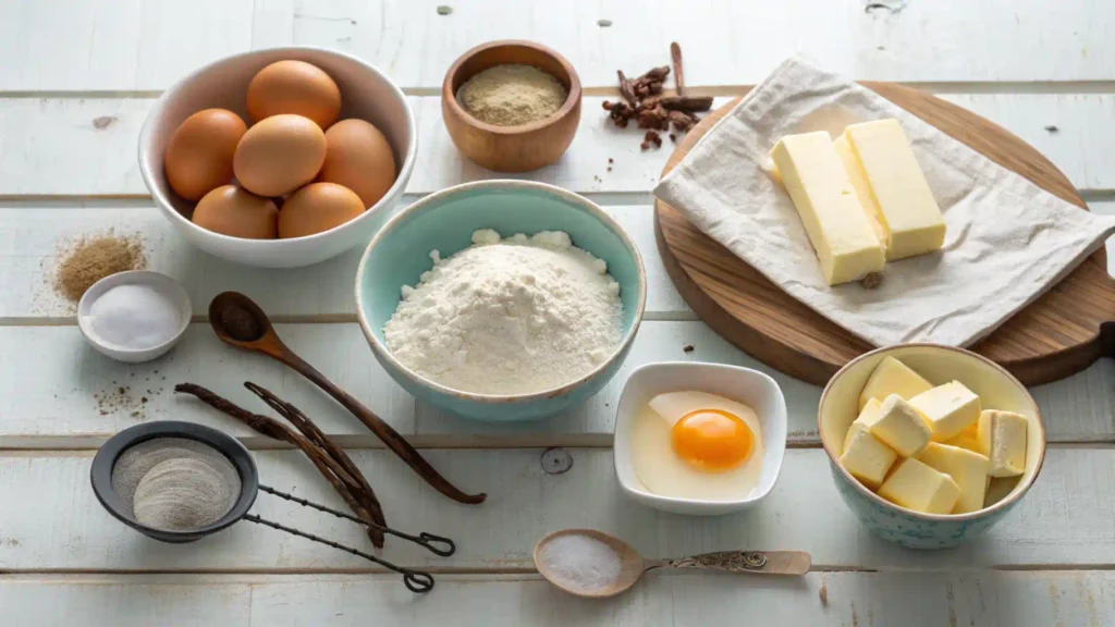 Flat lay of cake ingredients: kefir, flour, eggs, sugar, butter, and vanilla on a wooden table.