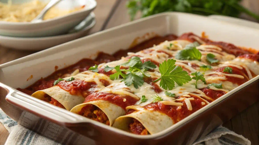 Perfectly rolled enchiladas with red sauce and melted cheese.