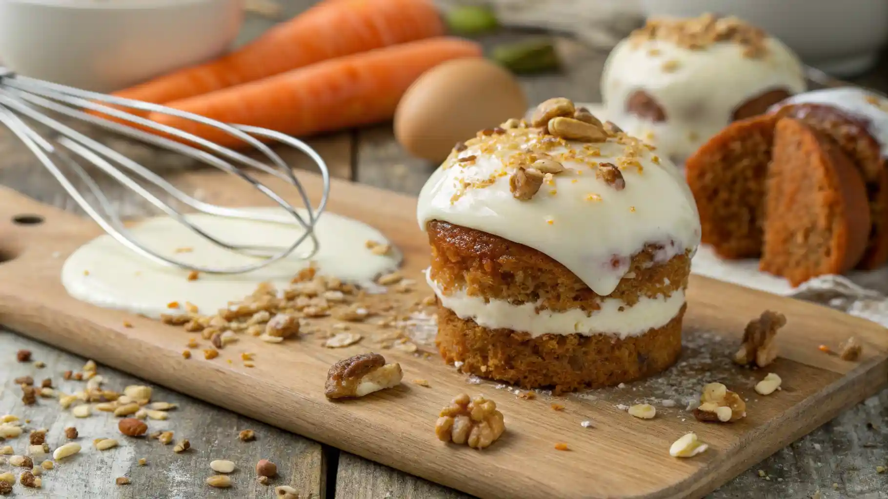 A close-up of a perfectly decorated carrot cake bomb, featuring a moist carrot cake base, cream cheese filling oozing out, and a glossy white ganache coating. Topped with crushed walnuts and sprinkles, placed on a rustic wooden surface with a soft focus background of baking tools and ingredients like grated carrots and cream cheese.