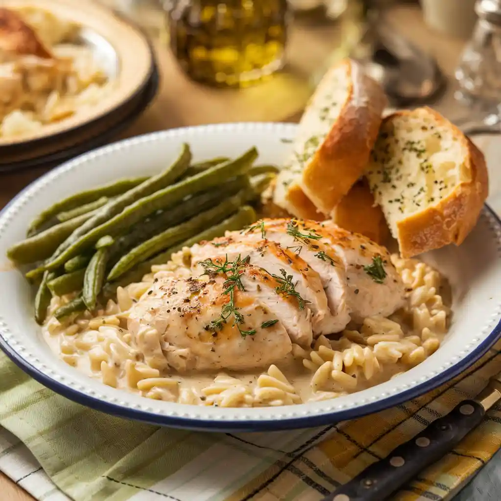 Plated Marry Me Chicken Orzo With Green Beans And Garlic Bread