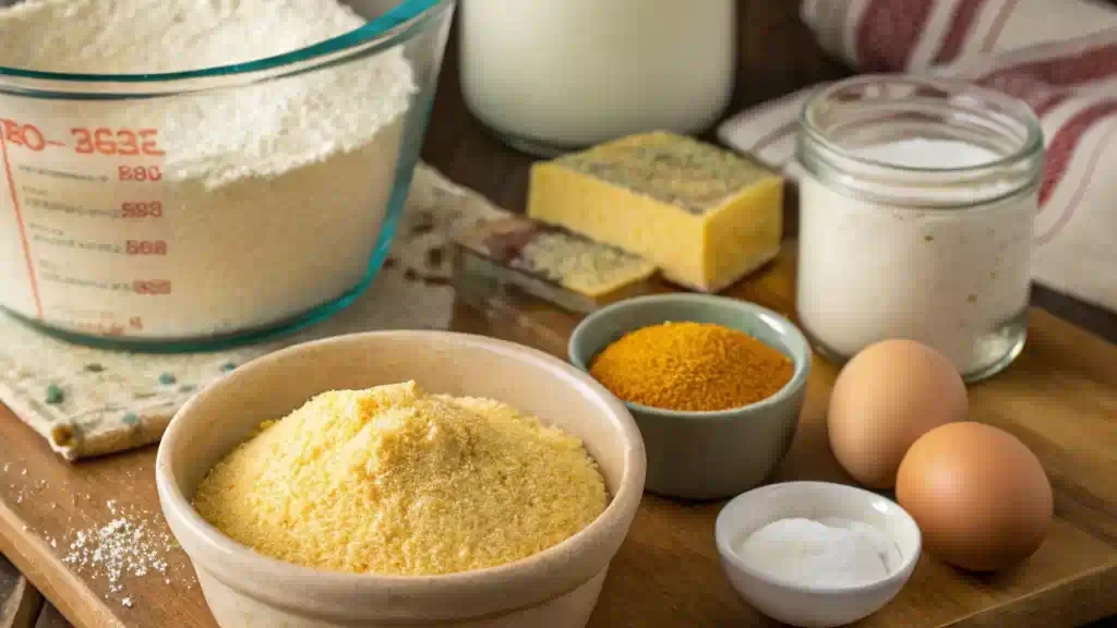 Southern cornbread ingredients being prepared in a mixing bowl.