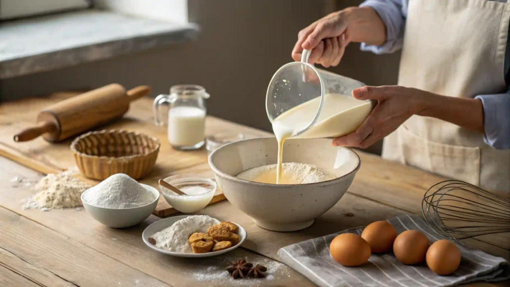 Baker pouring kefir into a mixing bowl surrounded by ingredients.