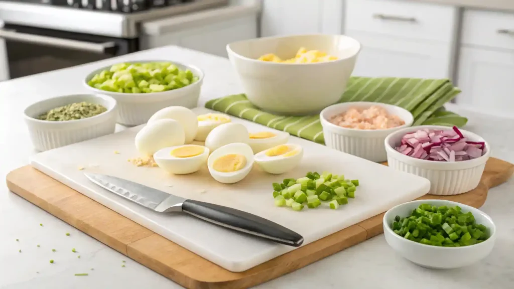 Chopped boiled eggs with diced vegetables for egg salad preparation.