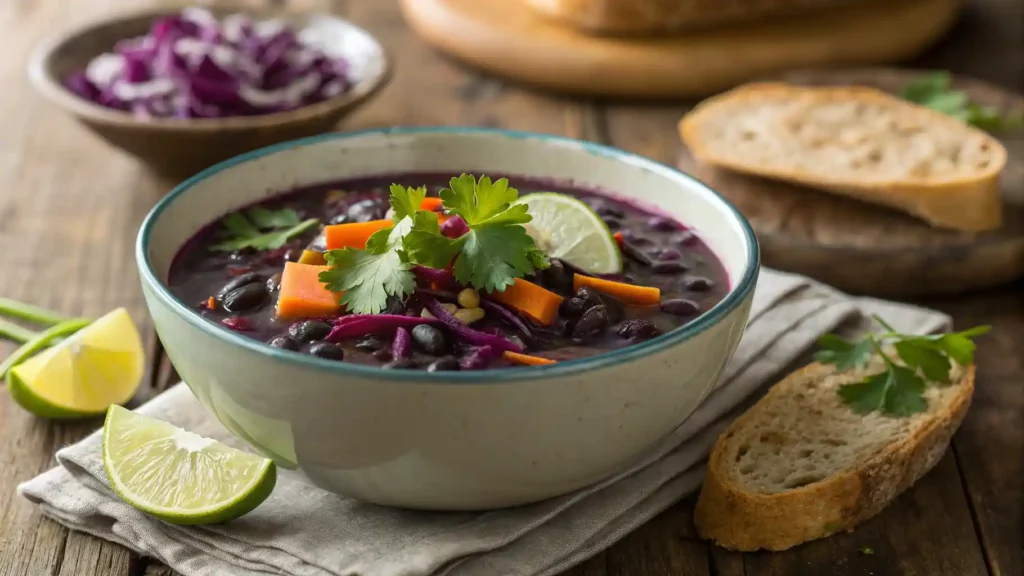 Steaming purple black bean soup garnished with cilantro and lime.