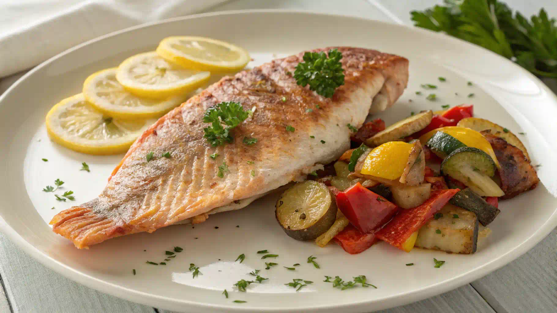 Baked red snapper fillet with lemon and parsley.