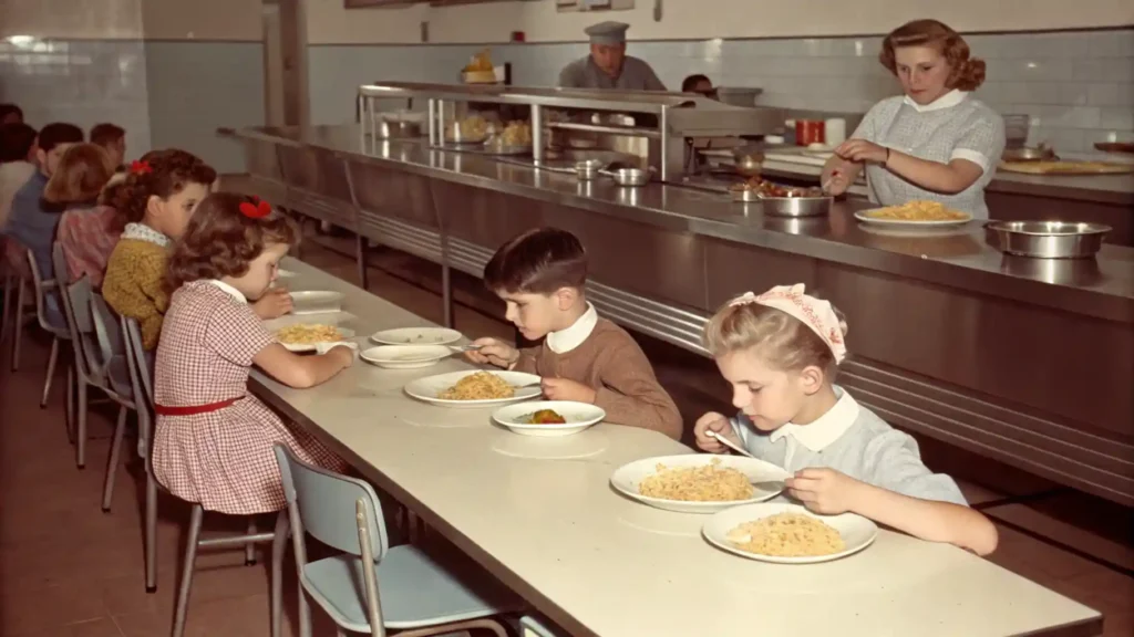 Retro 1950s School Cafeteria With Children Enjoying Noodle Dishes