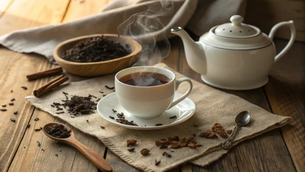 A steaming cup of breakfast tea blend with loose leaves on a wooden table.