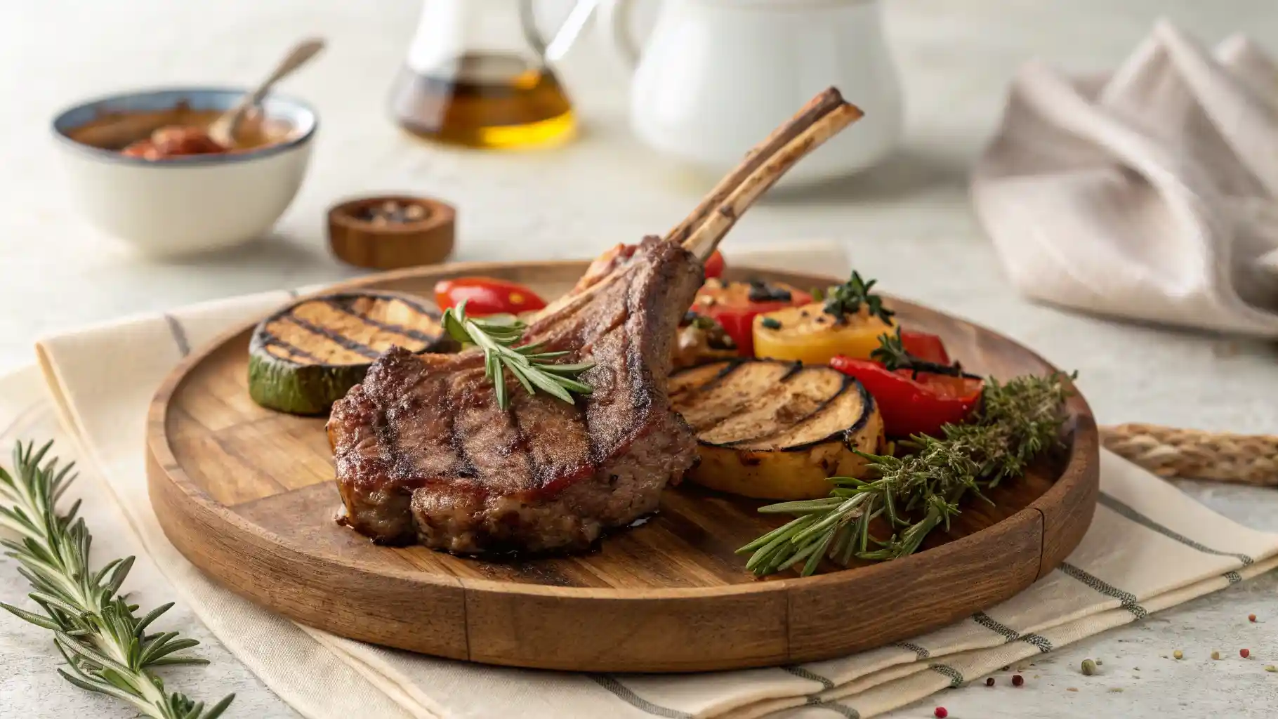 Rustic Platter Of Perfectly Cooked Mutton Chops With Rosemary