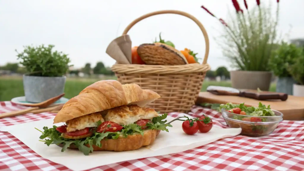 Sassy Scotty chicken salad croissant with a side salad on a picnic table.