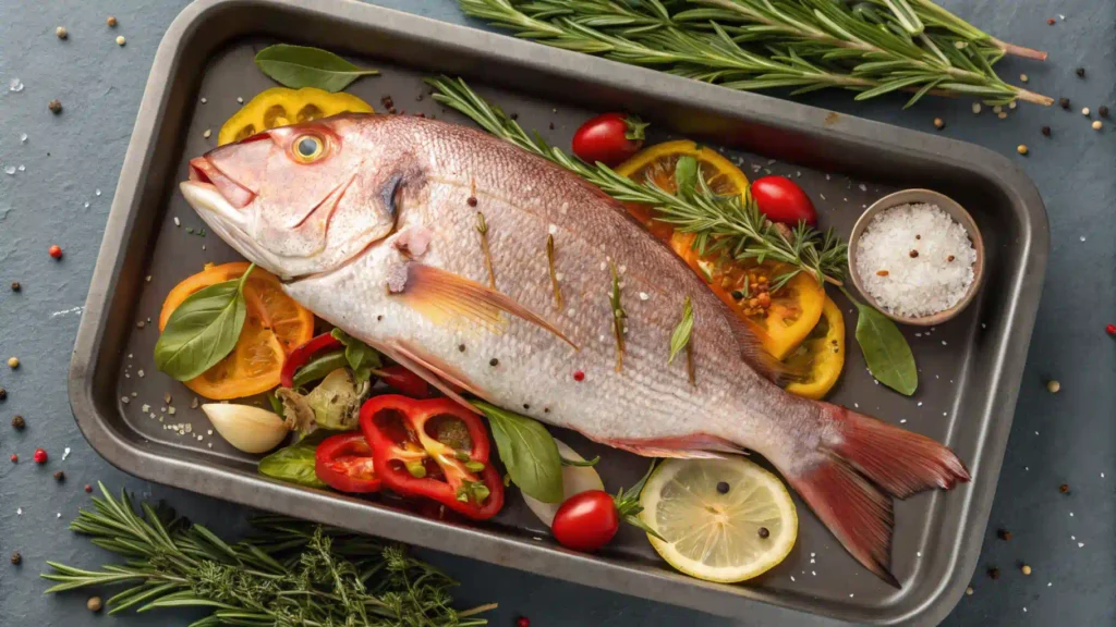 Seasoned whole red snapper ready for baking