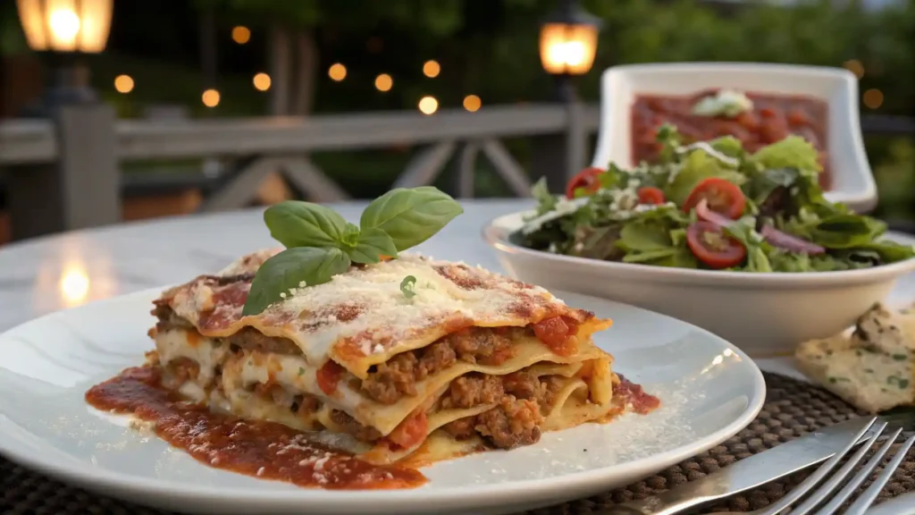 Served Plate Of Barilla Lasagna With Layers And Basil Garnish