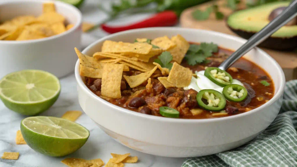 A close-up of Taco Soup Fritos with crunchy Fritos, lime wedges, and jalapeños