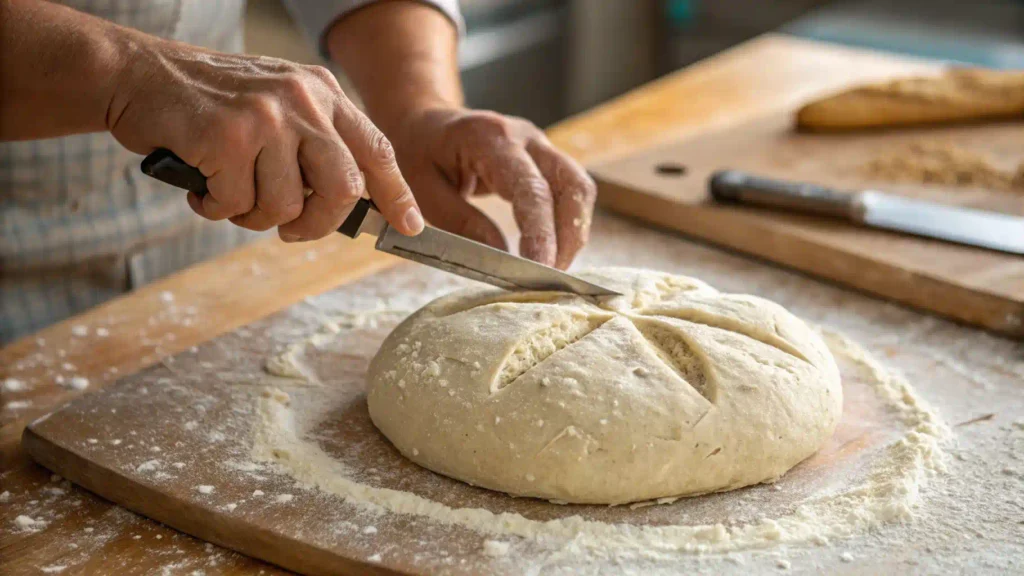 Shaping soda bread dough on a floured surface.