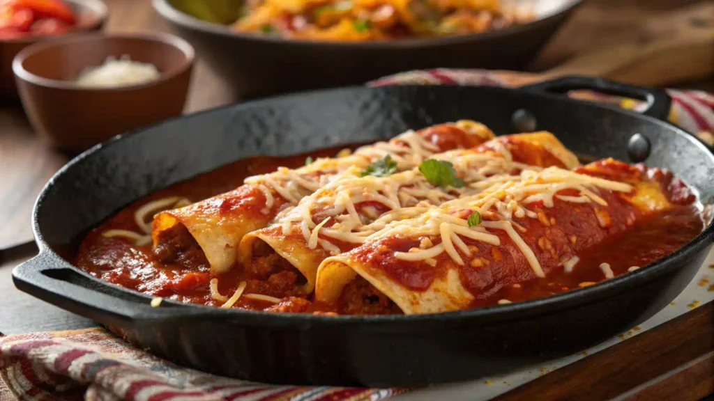 Close-up of sizzling hot Boulders Enchilada pan with melted cheese and red sauce.