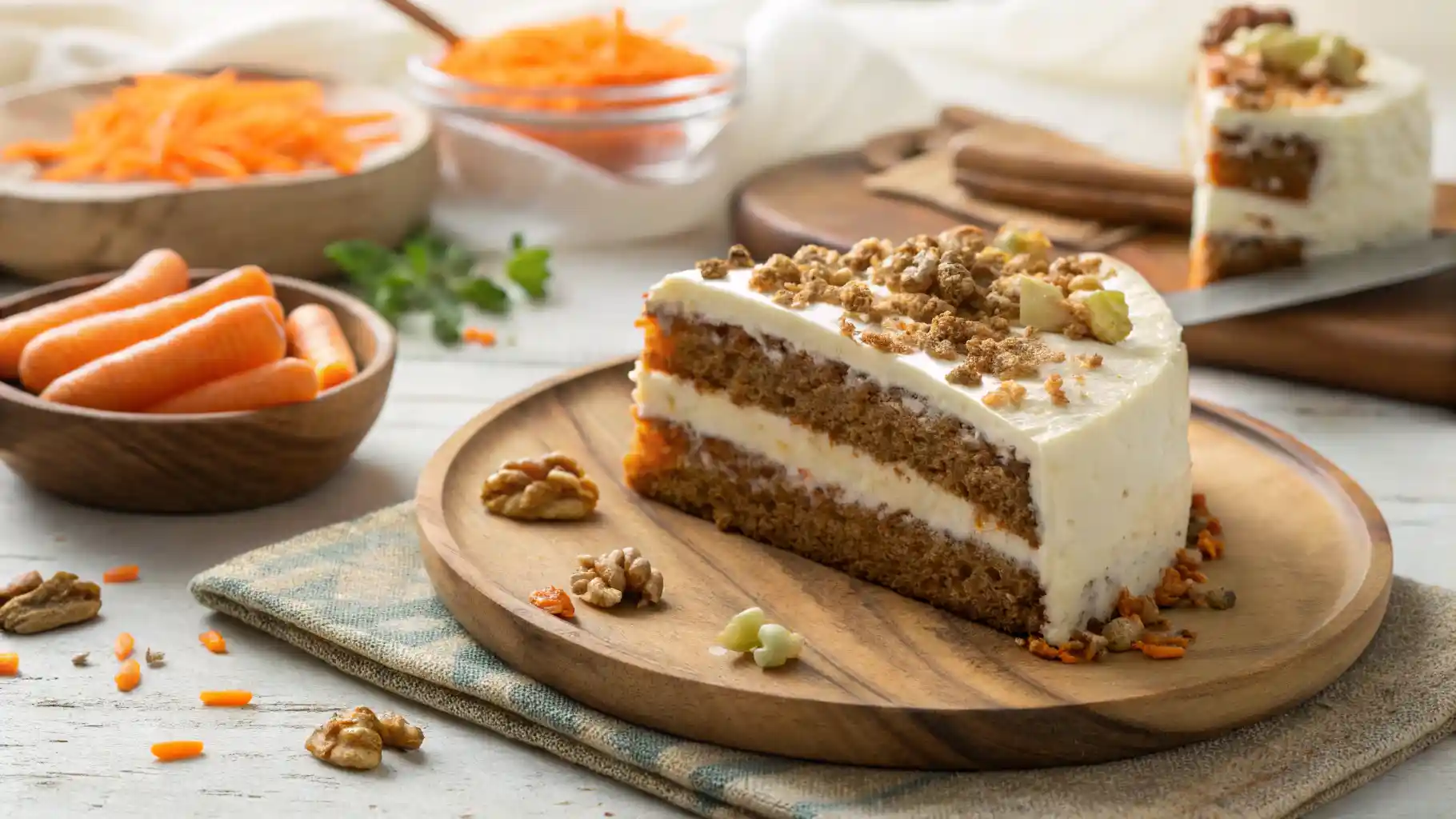 Slice of carrot cake with cream cheese frosting garnished with walnuts.