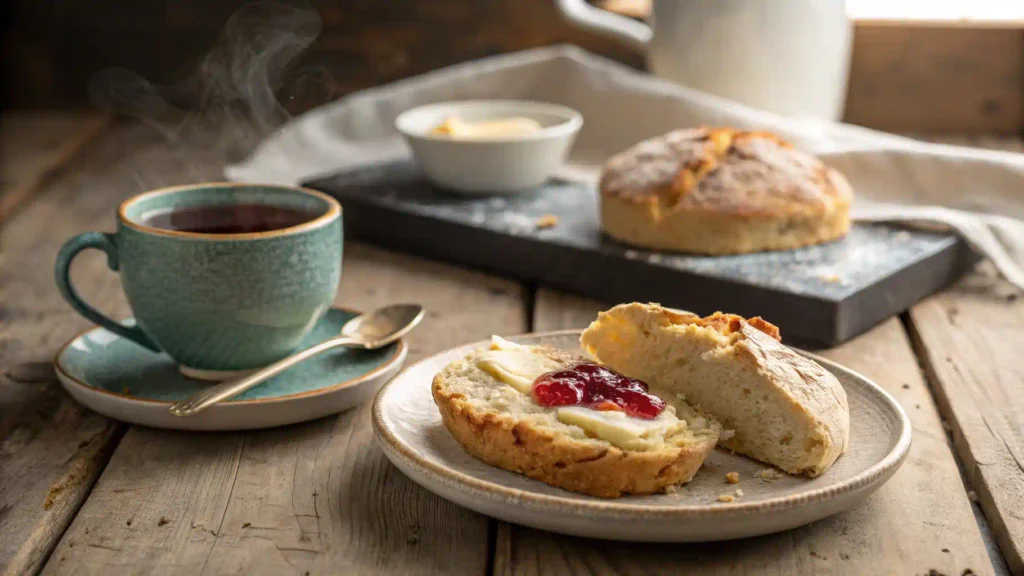 Slice of soda bread with butter and jam on a plate.