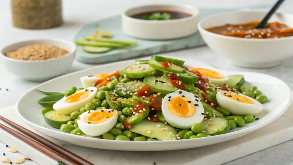 Edamame egg salad with spicy Sriracha dressing.