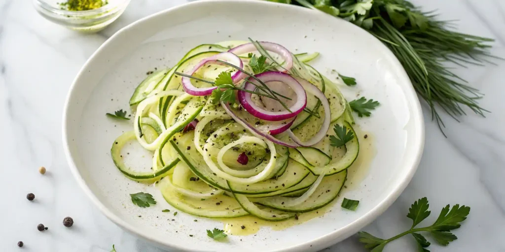 Spiralized Cucumbers With Red Onion And Vinaigrette On A Plate